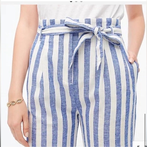 J. Crew‎ factory Linen-cotton paper-bag pant | blue and white striped | size 4 - Picture 3 of 15
